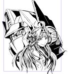  1boy 1girl 80s autobot bare_shoulders crossover detached_sleeves hairband headgear japanese_clothes kamizono_(spookyhouse) kantai_collection kongou_(kantai_collection) long_hair machinery mecha monochrome nontraditional_miko oldschool optimus_prime ribbon_trim robot science_fiction smile transformers 