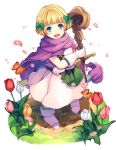  1girl :d bianca&#039;s_daughter blonde_hair blue_eyes bow butterfly cape dragon_quest dragon_quest_v flower gloves hair_bow hiyunagi long_hair open_mouth petals short_hair smile solo staff sword weapon white_gloves 