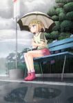  1girl bench blue_eyes boots bus_stop flower hair_ribbon highres hydrangea original rain ribbon short_hair sign sitting skirt solo twintails two_side_up umbrella yoruda 