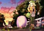  1girl absurdres arm_behind_back audino bag bel_(pokemon) beret blonde_hair blurry bow brown_shoes bush closed_eyes closed_mouth clouds collarbone depth_of_field evening fence floating glasses grass green_eyes green_hat green_pants hand_up handbag hat hat_bow highres jacket light long_sleeves looking_at_viewer musharna open_clothes open_jacket orange_jacket outdoors pants path petals plant pokemon pokemon_(creature) pokemon_(game) pokemon_bw2 pokemon_center red-framed_glasses road scenery screw semi-rimless_glasses shirt shoes smile smoke sunset swablu t-shirt toriatamamomiji town tree under-rim_glasses walking white_bow white_shirt window wooden_fence wool 