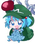  &gt;:d 1girl :d backpack bag blue_eyes blue_hair chibi hair_bobbles hair_ornament hat kawashiro_nitori mechanical_arm open_mouth six_(fnrptal1010) smile solo touhou two_side_up 