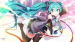  1girl aqua_eyes aqua_hair boots commentary_request detached_sleeves hatsune_miku highres long_hair necktie open_mouth outstretched_arms pomon_illust skirt solo tears thigh-highs thigh_boots twintails very_long_hair vocaloid 