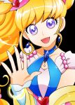  1girl :d asahina_mirai black_background blonde_hair cure_miracle earrings hat jewelry long_hair looking_at_viewer magical_girl mahou_girls_precure! mini_hat mini_witch_hat ninomae open_mouth pink_hat precure sapphire_(stone) sapphire_style sash smile solo sparkle upper_body violet_eyes witch_hat 
