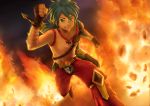  1boy blue_hair breath_of_fire breath_of_fire_ii fire highres long_hair running ryuu_(breath_of_fire_ii) solo 