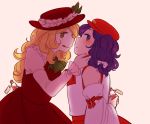  2girls arms_behind_back blonde_hair blush bottle commentary detached_sleeves dolls_in_pseudo_paradise english extra frills hat love_potion multiple_girls nekolina open_mouth purple_hair tongue tongue_out touhou violet_eyes yellow_eyes yuri 