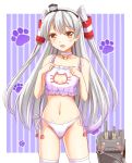 1girl :o alternate_costume amatsukaze_(kantai_collection) ass_visible_through_thighs bangs bell bell_choker blush blush_stickers bra breasts brown_eyes cat_cutout cat_ear_panties cat_lingerie cat_paws choker cleavage cleavage_cutout clenched_hand collarbone colored_stripes cowboy_shot embarrassed frilled_bra frills hair_tubes hairband headgear jingle_bell kantai_collection legs_apart lingerie long_hair looking_at_viewer machinery navel o_o ookawa_wataru open_mouth outside_border panties parted_bangs paw_print paws purple_background raised_eyebrows rensouhou-kun robot silver_hair small_breasts standing striped thigh-highs turret underwear underwear_only vertical-striped_background vertical_stripes very_long_hair white_bra white_legwear white_panties 