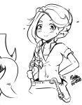  1girl braid hand_on_hip leah_(stardew_valley) monochrome pupoo_(artist) short_sleeves signature smile solo stardew_valley upper_body 