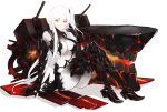  1girl absurdres aircraft_carrier_hime annnna armor armored_boots boots breasts cleavage highres kantai_collection long_hair looking_at_viewer orange_eyes shinkaisei-kan side_ponytail simple_background sitting smile solo torn_clothes turret white_background white_hair white_skin 
