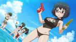  4girls :d :o ;d aiming armlet ass_visible_through_thighs bare_shoulders bikini black_bikini black_eyes black_hair blonde_hair blush breasts brown_hair caesar_(girls_und_panzer) clouds covered_navel dual_wielding dutch_angle erwin_(girls_und_panzer) finger_on_trigger floral_print from_below fundoshi girls_und_panzer glasses green_bikini grey_shorts groin halterneck hand_on_headwear hat high_ponytail highleg highleg_swimsuit highres legs_apart loincloth long_hair looking_at_another looking_down looking_to_the_side low_ponytail multiple_girls navel ocean one_eye_closed open_mouth oryou_(girls_und_panzer) outdoors outstretched_arm peaked_cap ponytail profile red-framed_glasses red_eyes red_scarf saemonza saliva saliva_trail sarashi scarf semi-rimless_glasses short_hair smile standing stomach string_bikini sweat swimsuit swimsuit_under_clothes tonbi under-rim_glasses wading wallpaper water_gun wet wet_hair white_bikini 