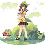  1girl black_skirt box brown_hair brown_shoes brown_skirt carrying_bag chespin closed_eyes creature eating faux_figurine food full_body green_hat hat holding icywood looking_at_viewer miniskirt personification pleated_skirt poffin pokemon pokemon_(creature) round_teeth shoes skirt standing tail teeth yellow_eyes 