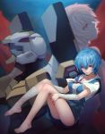  1girl ayanami_rei bandages barefoot blue_hair blush eva_00 feet highres legs mecha neon_genesis_evangelion nin_(kotorikoto) red_eyes shiny shiny_hair short_hair skirt toes zoom_layer 