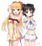  2girls :d akagi_miria arm_ribbon armpits arms_up artist_request babydoll bangs bare_shoulders black_hair blonde_hair blue_bow bow breasts brown_eyes choker cowboy_shot dress eyebrows eyebrows_visible_through_hair fang flat_chest frills green_eyes hair_bow hair_ribbon idolmaster idolmaster_cinderella_girls jougasaki_rika legs_apart long_hair looking_at_viewer midriff multiple_girls navel open_mouth red_ribbon ribbon short_hair signature simple_background skirt smile songmil stomach strapless two_side_up white_background white_skirt 
