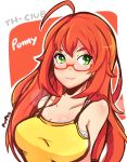  1girl ahoge artist_name bra_strap breasts camisole cleavage english glasses green_eyes large_breasts lens_flare long_hair penny_(stardew_valley) pupoo_(artist) red-framed_glasses redhead semi-rimless_glasses smile solo spaghetti_strap stardew_valley under-rim_glasses upper_body 