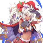  1girl black_gloves blush breasts cape cleavage dark_skin gloves granblue_fantasy hat long_hair looking_at_viewer navel ponytail santa_hat simple_background solo sweat tajima_ryoushi the_order_grande violet_eyes w white_background white_hair 