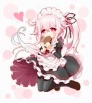  1girl adapted_costume alternate_costume apron beret blue_hair blush chocolate chocolate_heart commentary_request enmaided frills gradient_hair harusame_(kantai_collection) hat heart kantai_collection long_hair looking_at_viewer maid maid_apron maid_headdress multicolored_hair neru_(neruneruru) open_mouth pink_eyes pink_hair red_eyes side_ponytail smile solo valentine 