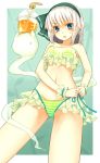  1girl bikini blue_eyes blush cheungchz drink frilled_bikini frills from_below green_bikini hairband hitodama konpaku_youmu konpaku_youmu_(ghost) looking_at_viewer midriff mundane_utility navel open_mouth short_hair silver_hair solo striped striped_bikini sweatdrop swimsuit touhou wrist_cuffs 