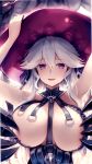  1girl arms_up breasts close-up granblue_fantasy hair_between_eyes hat highres large_breasts long_hair looking_at_viewer magisa_(granblue_fantasy) open_mouth silver_hair solo teeth tongue tranquillianusmajor upper_body violet_eyes witch_hat 