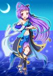  1girl bangs bare_shoulders commentary_request crescent crescent_moon cure_magical full_body izayoi_liko long_hair looking_at_viewer magical_girl mahou_girls_precure! moon navel precure sandals sapphire_style solo star yuta_(artist) 
