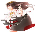  1girl bare_shoulders brown_hair cannon cowboy_shot dazzle_paint detached_sleeves floating_hair from_side hairband haruna_(kantai_collection) headgear highres japanese_clothes jewelry kantai_collection long_hair long_sleeves machinery manarou nontraditional_miko red_eyes ribbon-trimmed_sleeves ribbon_trim ring serious simple_background skirt solo standing turret white_background wind 