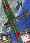  2girls a6m_zero aerial_battle airplane battle clouds commentary_request condensation_trail dogfight f6f_hellcat fairy_(kantai_collection) goggles goggles_on_head kantai_collection military military_vehicle multiple_girls purple_hair red_eyes risetto_botan_renda solid_oval_eyes vehicle 