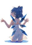  1girl back backlighting blue_eyes blue_hair cirno dress from_behind grin hair_ribbon ice ice_wings looking_at_viewer looking_back mister_rhino_(wangzisama1001) partially_submerged ribbon see-through_silhouette short_hair simple_background sleeveless smile solo touhou water white_background wings 