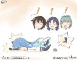  ! &gt;:&lt; 4girls :&lt; black_hair blue_hair commentary_request elbow_gloves english gloves gradient_hair grey_hair hair_ornament hairclip kantai_collection long_hair mae_(maesanpicture) multicolored_hair multiple_girls o_o on_ground open_mouth rectangular_mouth remodel_(kantai_collection) rock samidare_(kantai_collection) shigure_(kantai_collection) suzukaze_(kantai_collection) to_be_continued tripping twitter_username yuubari_(kantai_collection) 