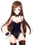  1girl artist_name breasts brown_eyes brown_hair cleavage detached_collar hand_on_hip idolmaster idolmaster_cinderella_girls leotard long_hair nitta_minami playboy_bunny_leotard signature solo songmil thigh-highs wrist_cuffs 