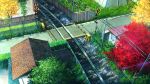  fence from_above house niko_p no_humans railroad_crossing railroad_signal railroad_tracks rooftop tree 