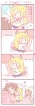  0_0 3girls 4koma ? animal_ears blonde_hair blush bow bowtie brown_hair chibi closed_eyes comic dog_ears dog_tail dress flying_sweatdrops food_themed_hair_ornament hair_bow hair_ornament leg_hug light_brown_hair long_hair multiple_girls original pom_pom_(clothes) skirt spoken_question_mark strawberry_hair_ornament tail translation_request two_side_up ususa70 |_| 