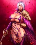  arm_behind_back bangs breasts choker commentary crossover fingerless_gloves fiora_laurent garter_straps gloves highres holding holding_weapon huge_breasts isabella_valentine jewelry league_of_legends looking_at_viewer pauldrons rapier revealing_clothes sideboob single_gauntlet soulcalibur soulcalibur_iv svoidist sword thigh_strap under_boob weapon 