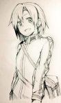  1girl bag commentary_request hayasui_(kantai_collection)_(cosplay) jacket kantai_collection looking_at_viewer maikaze_(kantai_collection) monochrome open_mouth shoulder_bag sketch solo traditional_media tsukamoto_minori 