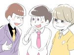  3boys atsushi_(osomatsu-san) extra formal futsuumaru male_focus matsuno_todomatsu multiple_boys necktie osomatsu-kun osomatsu-san pink_necktie pink_shorts polo_shirt rey0 shorts simple_background smile suit white_background yellow_necktie 