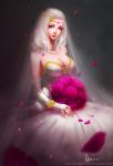  1girl absurdres artist_name breasts cleavage diana_(league_of_legends) dress highres league_of_legends long_hair pink_eyes pink_flower smile solo songjikyo wedding_dress white_hair 