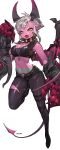  1girl black_sclera breasts claws cleavage commentary_request cropped_vest demon_girl demon_tail demon_wings fangs gauntlets goggles goggles_around_neck highres horns league_of_legends looking_at_viewer midriff nabicarol_(na_lolol) navel open_clothes pink_skin pointy_ears short_eyebrows solo tail tattoo torn_clothes twitter_username vi_(league_of_legends) white_hair wings yellow_eyes 