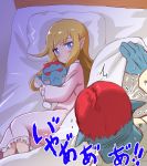  1boy 1girl :&lt; bed blanket blonde_hair blue_eyes blush commentary elf frilled_sleeves frills hug long_hair long_sleeves lying mushi_gyouza object_hug on_side orc original pajamas pillow pointy_ears red_eyes redhead sweat translated trembling 