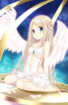  1girl angel angel_wings bare_shoulders barefoot bekotarou blonde_hair blue_eyes blush breasts cage collarbone dress feathered_wings feathers flower hair_flower hair_ornament highres jewelry long_hair looking_at_viewer navel navel_cutout open_mouth original sitting sky solo star_(sky) starry_sky wings 
