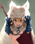  1girl berserker_(granblue_fantasy) blonde_hair breasts brown_eyes cloak djeeta_(granblue_fantasy) fangs gauntlets granblue_fantasy hood hooded_cloak looking_at_viewer natsui_tuna open_mouth short_hair solo sword tears teeth weapon 