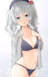  1girl black_bra black_panties blue_eyes bokokichi_(you) bow bow_panties bra breasts cleavage hat kantai_collection kashima_(kantai_collection) lace-trimmed_bra looking_at_viewer navel open_clothes open_mouth open_shirt panties shirt silver_hair solo twintails underwear 