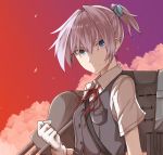  1girl bangs black_vest blue_eyes clouds commentary_request dusk gloves hair_ornament highres kantai_collection looking_at_viewer pink_hair ponytail red_ribbon ribbon shiranui_(kantai_collection) short_hair simple_background solo tsukamoto_minori turret vest white_gloves 