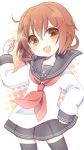  1girl brown_eyes brown_hair commentary_request fang hair_ornament hairclip hand_on_hip highres ikazuchi_(kantai_collection) kantai_collection looking_at_viewer neckerchief open_mouth pose ro_(igris-geo) school_uniform serafuku short_hair skirt smile solo thigh-highs 