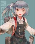  1girl belt buttons headband itomugi-kun jumper kantai_collection kasumi_(kantai_collection) looking_at_viewer machinery open_mouth outstretched_arm remodel_(kantai_collection) school_uniform shirt side_ponytail silver_hair solo suspenders teeth yellow_eyes 