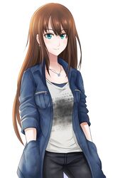  1girl absurdres brown_hair green_eyes hands_in_pockets highres idolmaster idolmaster_cinderella_girls idolmaster_cinderella_girls_starlight_stage jewelry long_hair macline necklace shibuya_rin smile solo 