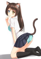  1girl :o animal_ears aqua_bra aqua_panties arched_back ass back bangs black_legwear blue_eyes blue_skirt blush bra brown_hair cat_ears cat_tail crotch_seam dutch_angle eyebrows eyebrows_visible_through_hair heterochromia highres kneehighs kneeling kurisu-kun long_hair looking_at_viewer looking_back miniskirt no_shoes open_clothes open_shirt original panties pleated_skirt ponytail school_uniform see-through shadow shirt short_sleeves simple_background skirt skirt_lift solo swept_bangs tail underwear white_background white_shirt yellow_eyes 