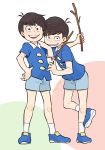  2boys arm_on_shoulder brothers brown_hair child grin hand_on_hip male_focus matching_outfit matsuno_choromatsu matsuno_osomatsu multiple_boys osomatsu-kun shorts siblings simple_background smile sticks tamago_toji twitter_username white_background wing_collar 