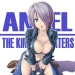  1girl :o angel_(kof) arm_support blue_eyes blue_gloves boots breasts brown_boots chaps cleavage collarbone copyright_name crop_top eyelashes fingerless_gloves fish.boy from_above gloves hair_over_one_eye highres jacket kneeling large_breasts leaning_forward looking_at_viewer midriff navel open_mouth panties shadow shiny shiny_clothes shiny_skin short_hair silver_hair solo stomach the_king_of_fighters underwear white_background 