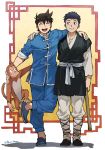  2boys ^_^ arm_around_neck black_hair blue_pants blue_shirt blush_stickers chinese_clothes chinmi closed_eyes goku_(tekken_chinmi) hand_on_another&#039;s_shoulder indesign monkey multiple_boys no_socks one_leg_raised pants shifan_(tekken_chinmi) shirt short_hair sleeves_rolled_up smile staff tangzhuang tekken_chinmi 