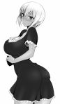  1girl ass blush breasts cleavage dark_elf dark_skin dress elf from_behind greyscale large_breasts looking_at_viewer looking_back monochrome namidame pointy_ears shadowcore short_hair solo sweat white_hair 