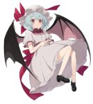  1girl bat_wings belt black_shoes bloomers blue_hair dress full_body hat hat_ribbon hayashi_kewi looking_at_viewer mob_cap puffy_short_sleeves puffy_sleeves red_eyes red_ribbon remilia_scarlet ribbon shoes short_hair short_sleeves simple_background solo touhou underwear white_background wings 
