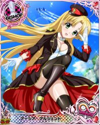  1girl aircraft_carrier airplane artist_request asia_argento bishop_(chess) blonde_hair boots card_(medium) character_name chess_piece dress gloves green_eyes high_school_dxd high_school_dxd_infinity long_hair official_art ship solo thigh-highs trading_card warship 