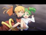  2girls anime_coloring blonde_hair bow carrying cato_(monocatienus) green_eyes green_hair hair_bobbles hair_bow hair_ornament japanese_clothes kisume kurodani_yamame multiple_girls open_mouth ponytail princess_carry touhou translated twintails wavy_mouth yellow_eyes 
